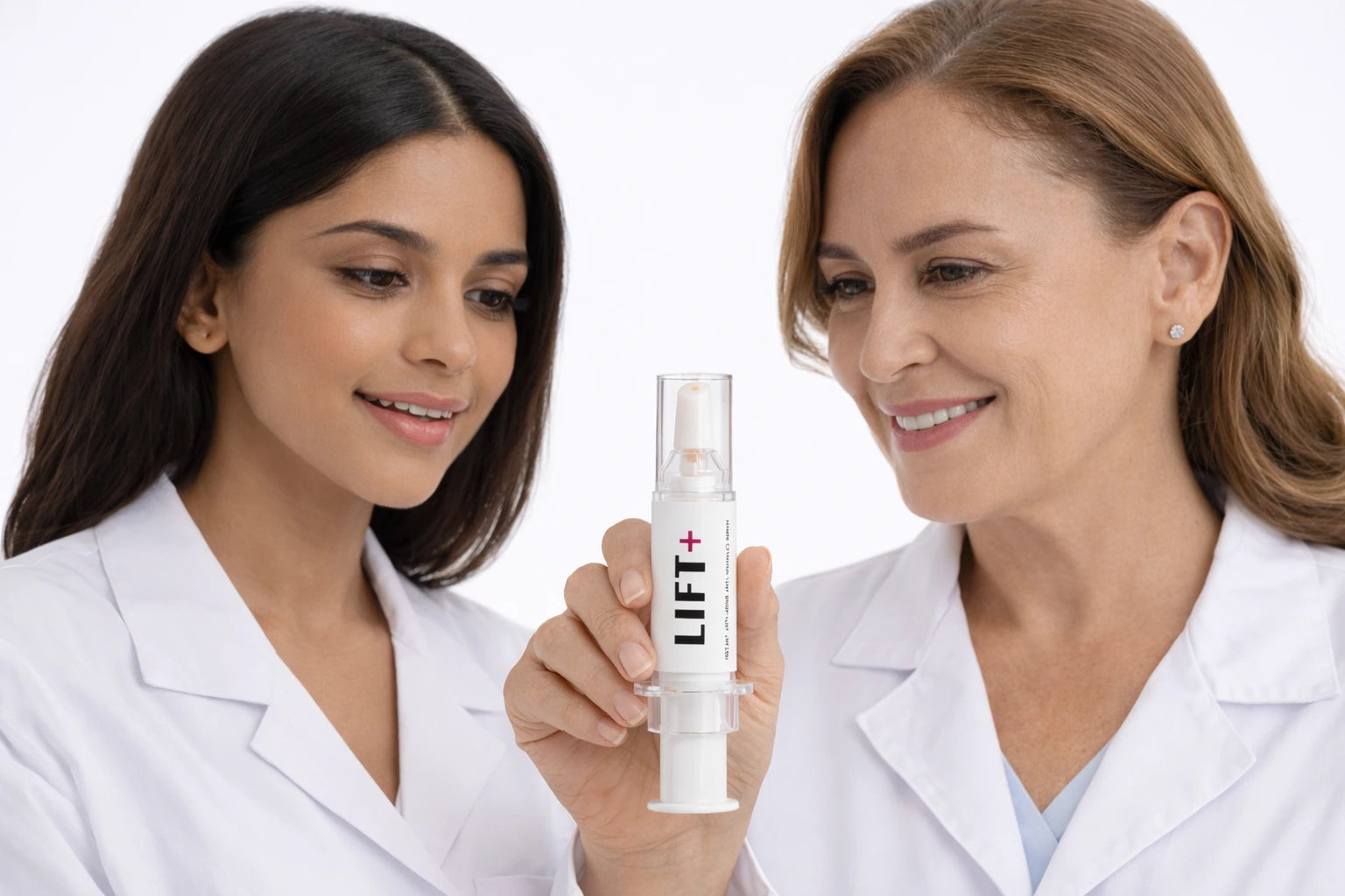 2 women scientists holding LIFT+ instant antiaging serum by RAWNAQY