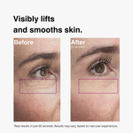 Before and after comparison of skin lifting and smoothing after using LIFT+ with text 'Visibly lifts and smooths skin'.