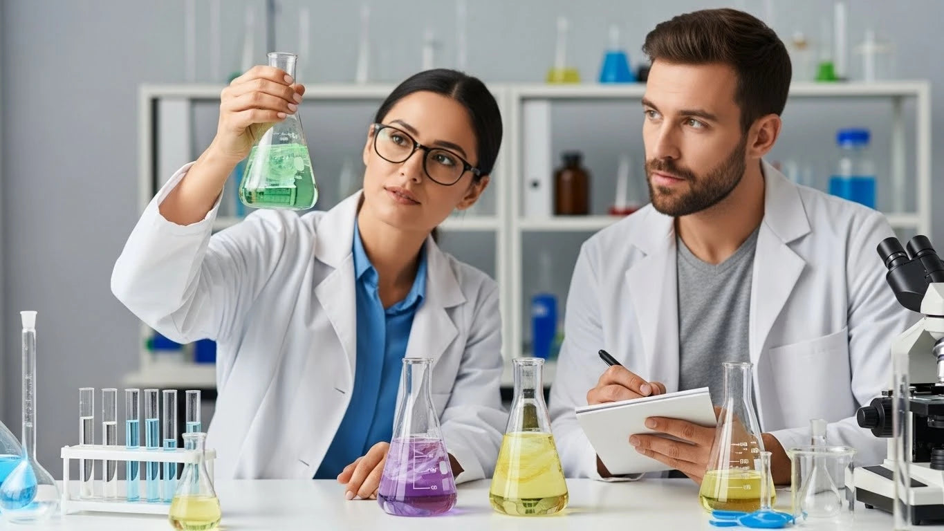 Scientist while testing and formulating LIFT+ instant antiaging anti wrinkles serum by RAWNAQY